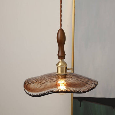 Vintage Amber Glass Walnut Brass 1-Light Pendant Light