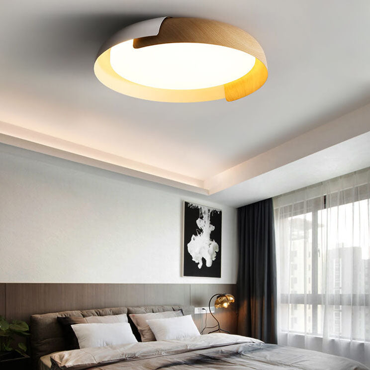 Minimalist Round Bowl Wood Grain LED Flush Mount Ceiling Light