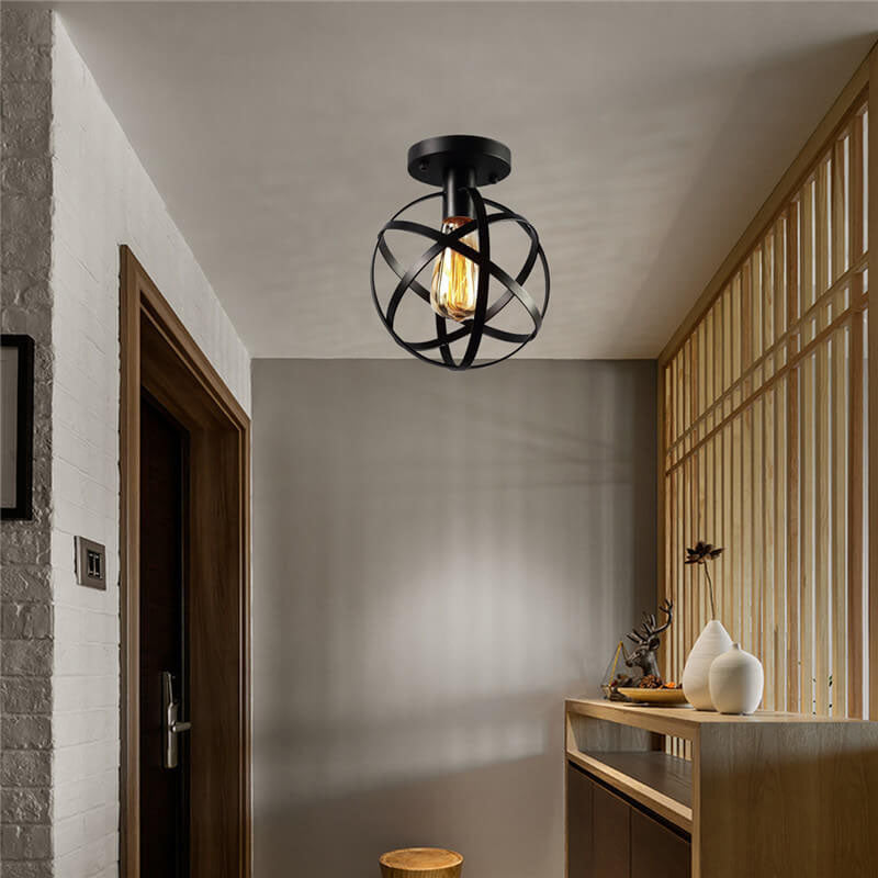 Contemporary Industrial Wrought Iron Spherical  Cage 1-Light Semi-Flush Mount Ceiling Light for Living Room