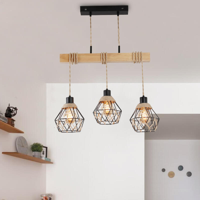 Vintage Industrial Hemp Rope Metal Cage 3-Light Chandelier Ceiling Light