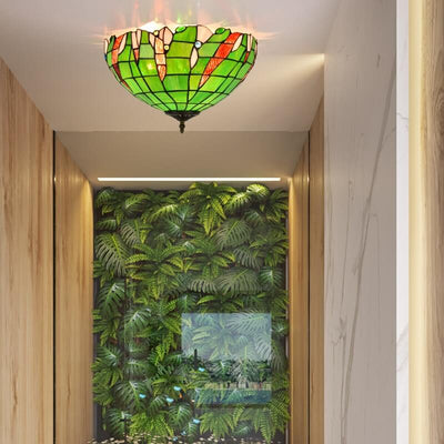 Tiffany Green Stained Glass Semi-Circular 3-Light Flush Mount Ceiling Light