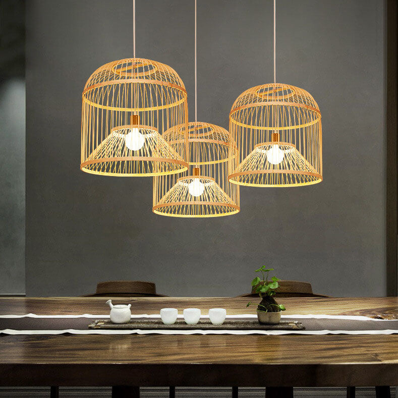 Moderne chinesische Bambusgeflecht-Vogelkäfig 1-Licht Pendelleuchte 