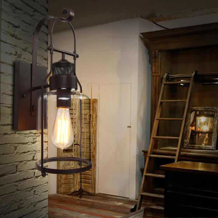 Industrial Iron Glass Jar 1-Light Wall Sconce Lamp