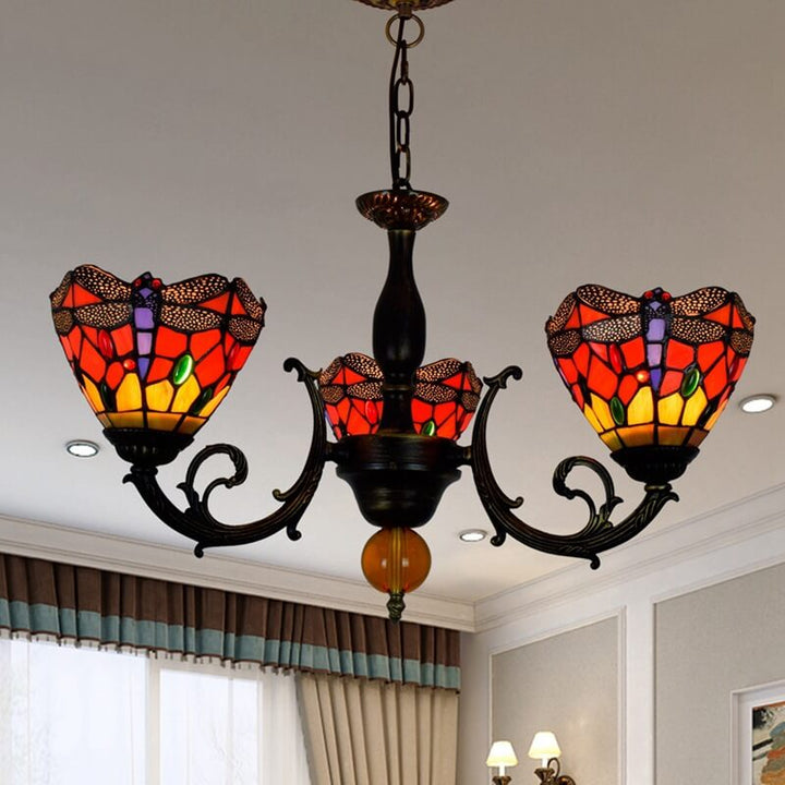 Lámpara de araña de vidrio Tiffany europeo con diseño de libélula roja de 3 luces 