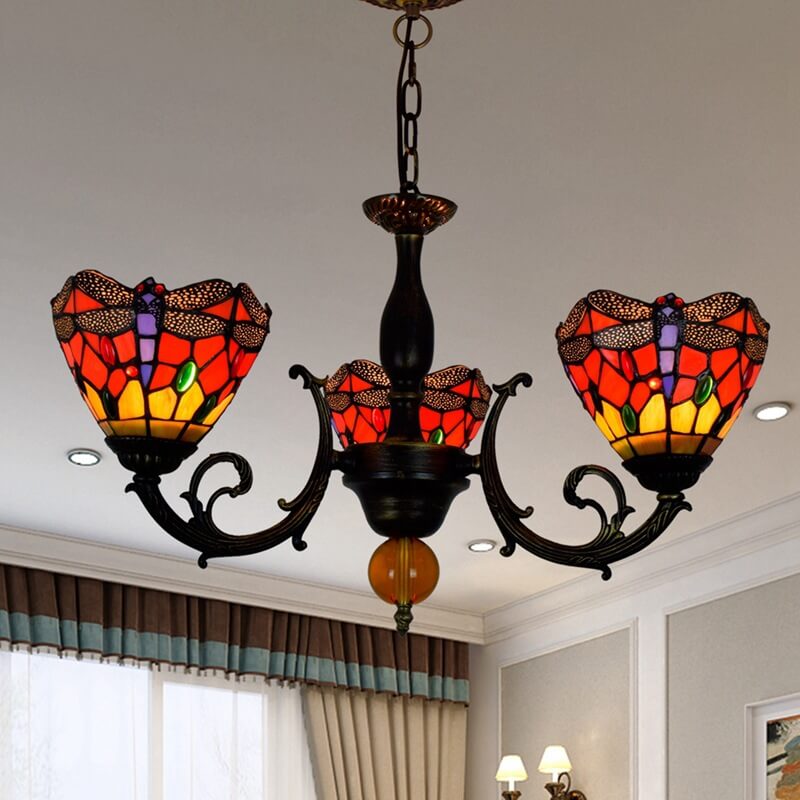 European Tiffany Red Dragonfly Stained Glass 3-Light Chandelier