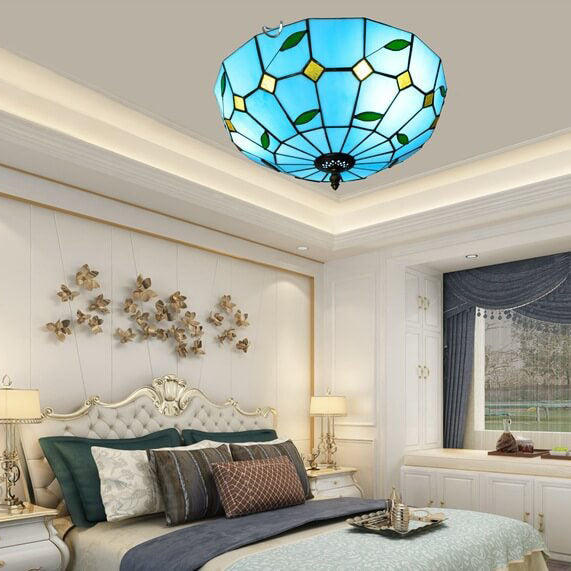 Luz de techo empotrada de 3 luces con vidrieras mediterráneas azul Tiffany 