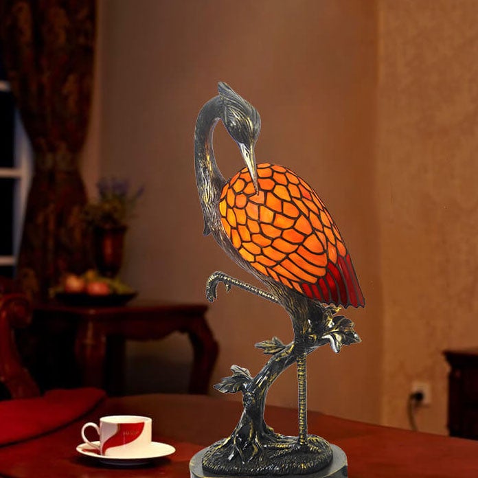 Vintage Tiffany Crane 1-Light Stained Glass Table Lamp