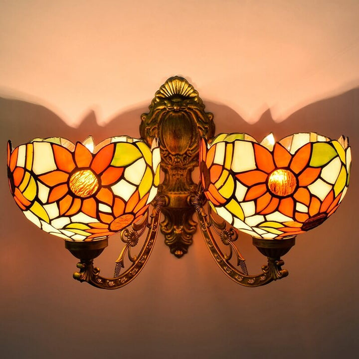 Europäische Tiffany Sonnenblume Buntglas 2-Licht Wandleuchte 