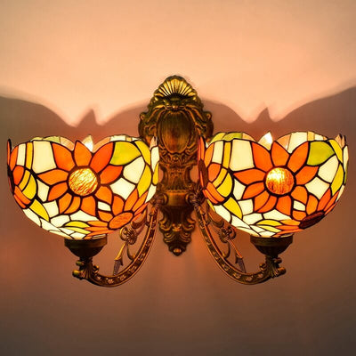 European Tiffany Sunflower Stained Glass 2-Light Wall Sconce Lamp