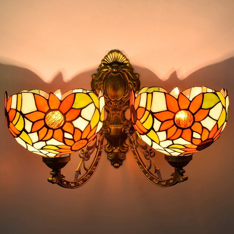 European Tiffany Sunflower Stained Glass 2-Light Wall Sconce Lamp