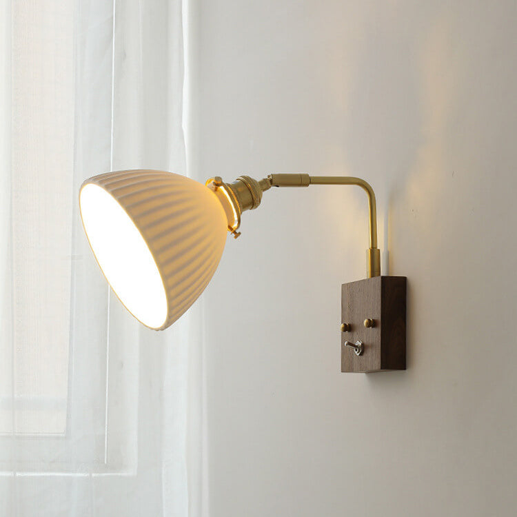 Vintage Walnuss Keramik Glocke 1-Licht Wandleuchte Lampe 