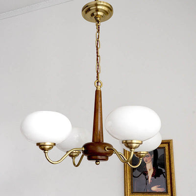 Vintage Walnut Glass Shade 4/6 Light Chandelier