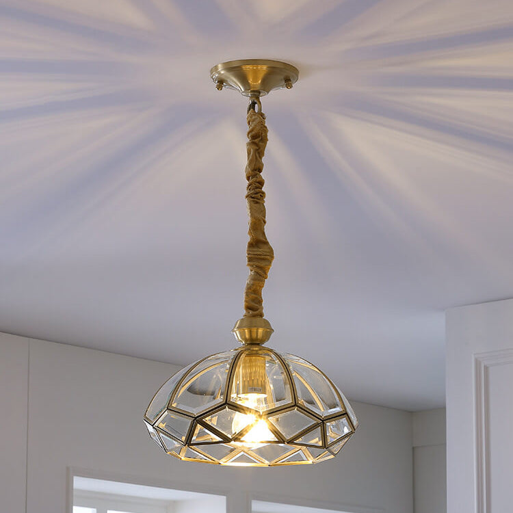 European Brass Glass Dome 1-Light Pendant Ceiling Light