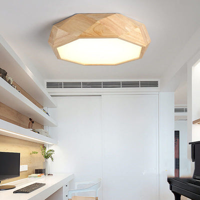 Modern Solid Wood Round Geometric LED Flush Mount Ceiling Light