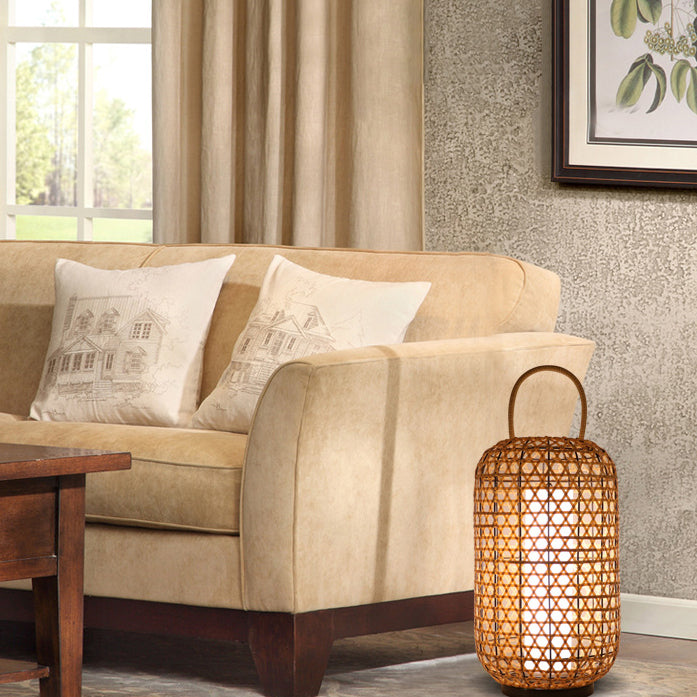 Modern Rattan Weaving Cylinder Outdoor Waterproof Floor Lamp