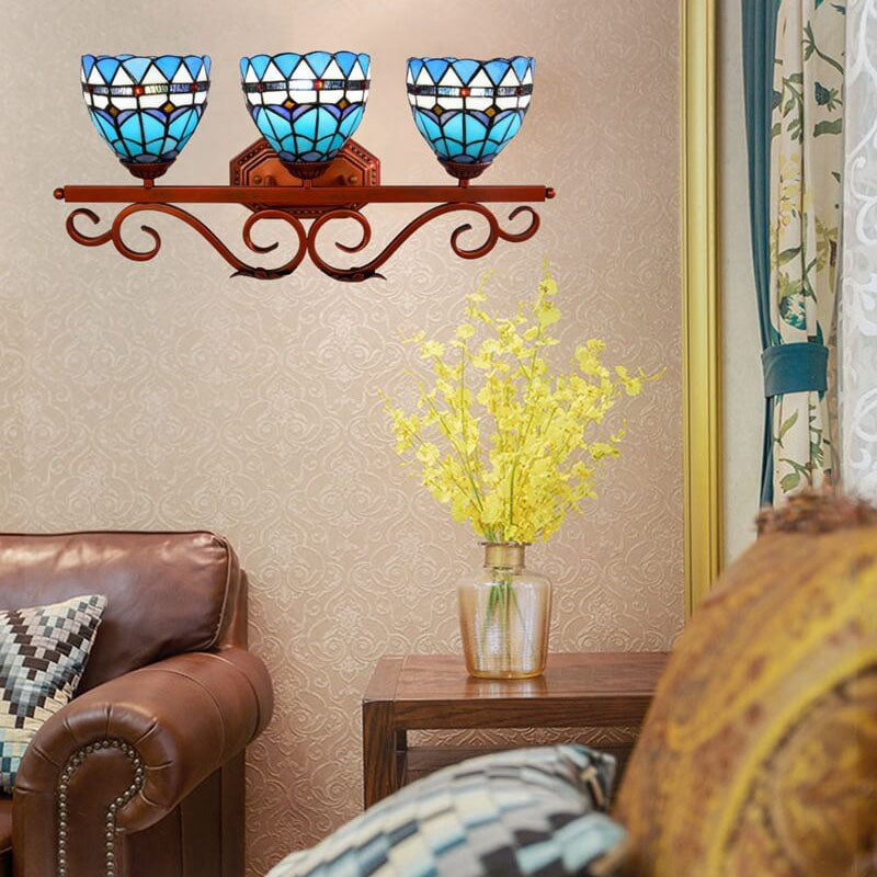 Tiffany Mittelmeerblaues Buntglas 3-Licht Wandlampe 
