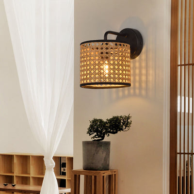 Modern Rattan Weaving Drum 1-Light Wall Sconce Lamp