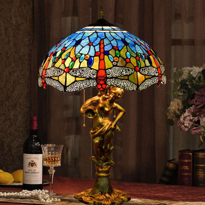 Tiffany Mediterrane Libelle Buntglas-3-Licht-Reißverschluss-Tischlampe