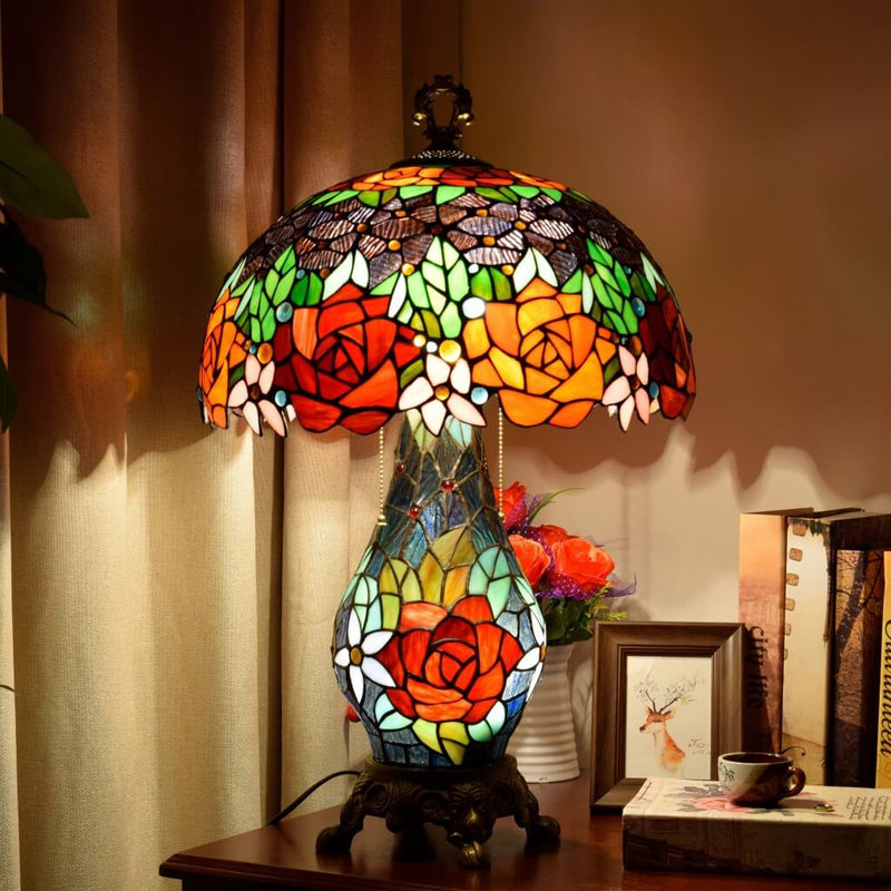 Tiffany Rustic Roses Stained Glass 3-Light Table Lamp