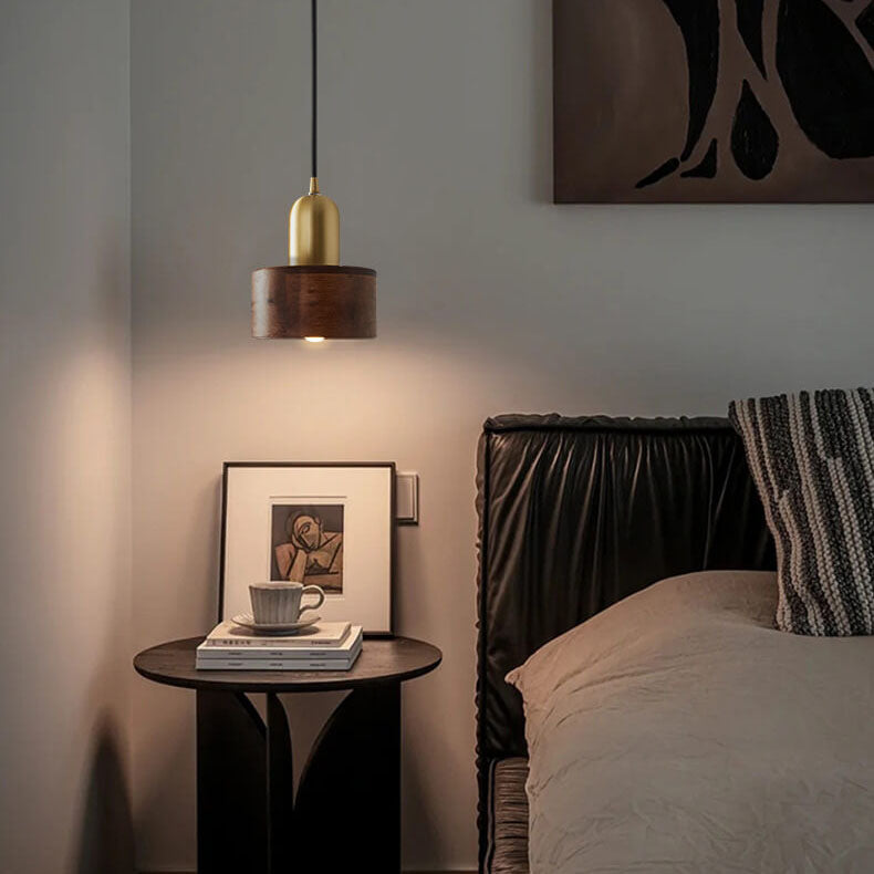 Vintage Walnut Cylinder Brass Top LED Pendant Light