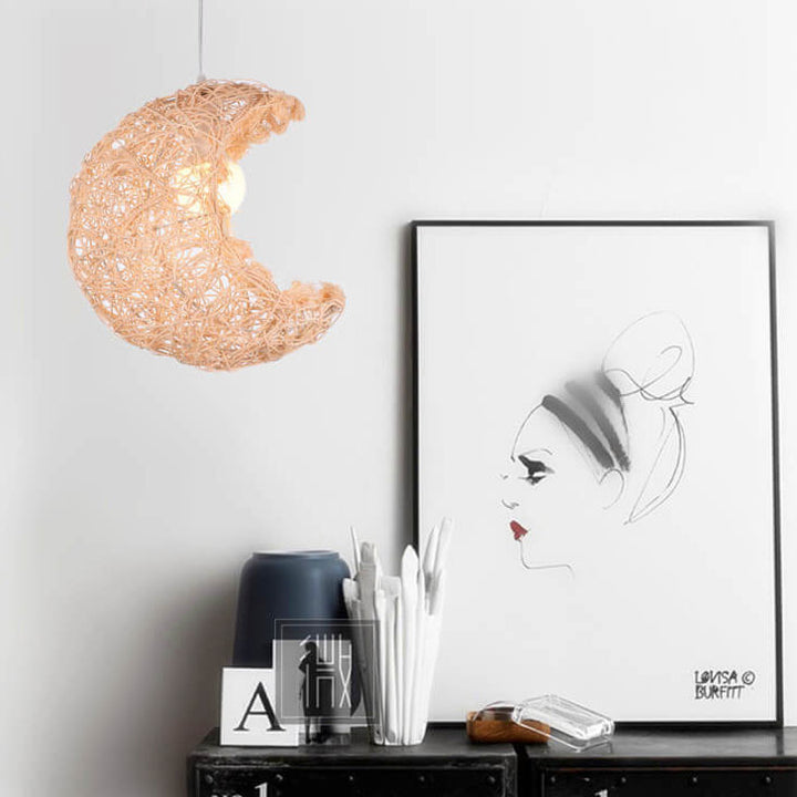 Rattan Weaving Moon Shape 1-Light Pendant Light