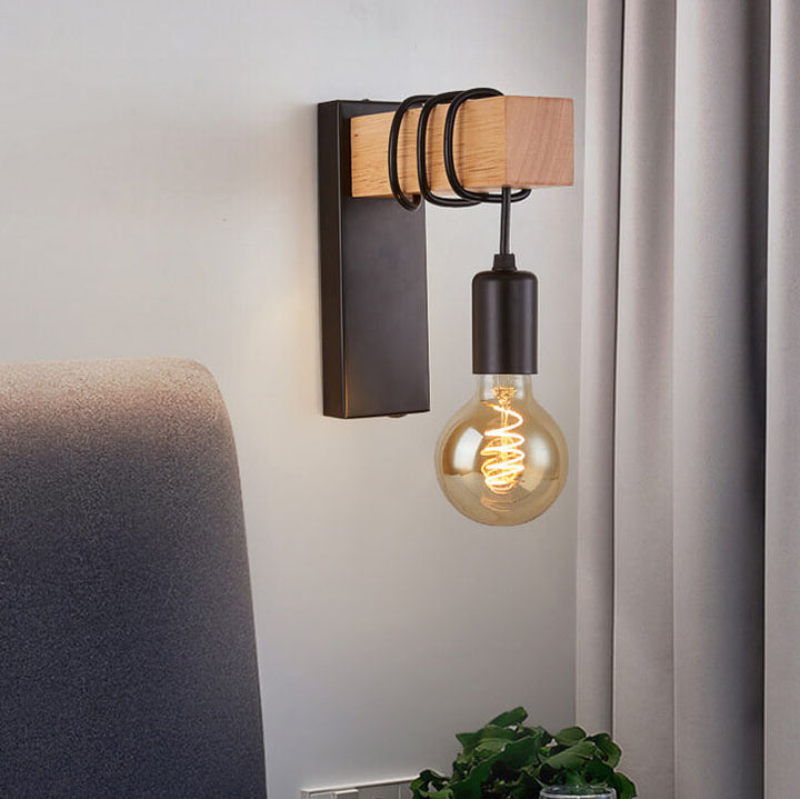Lámpara Aplique de Pared de 1 Luz con Brazo de Madera Vintage Industrial 
