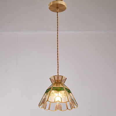 Vintage Bell Brass Glass 1-Light Pendant Light