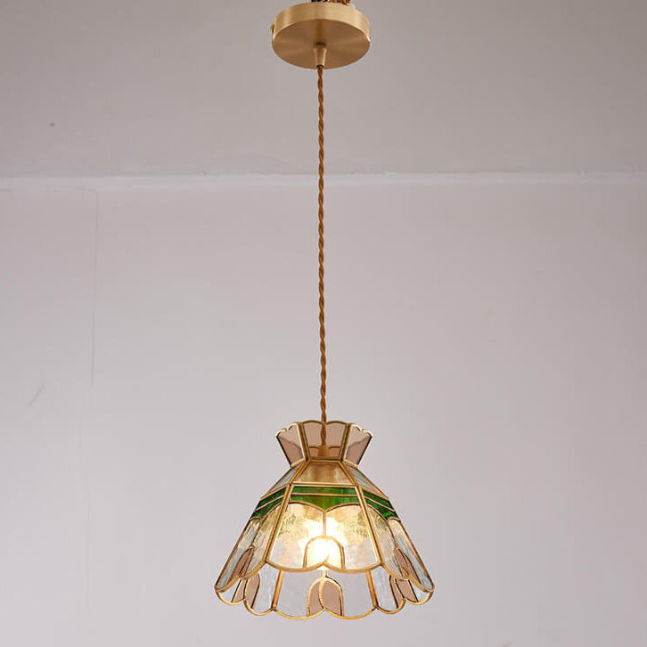 Vintage Bell Brass Glass 1-Light Pendant Light