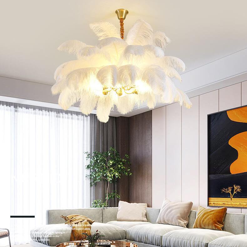 Modern Ostrich Feather 6-Light Brass Chandeliers