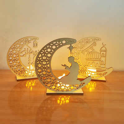 Eid Creative Moon Wooden LED Night Light Decorative Table Lamp