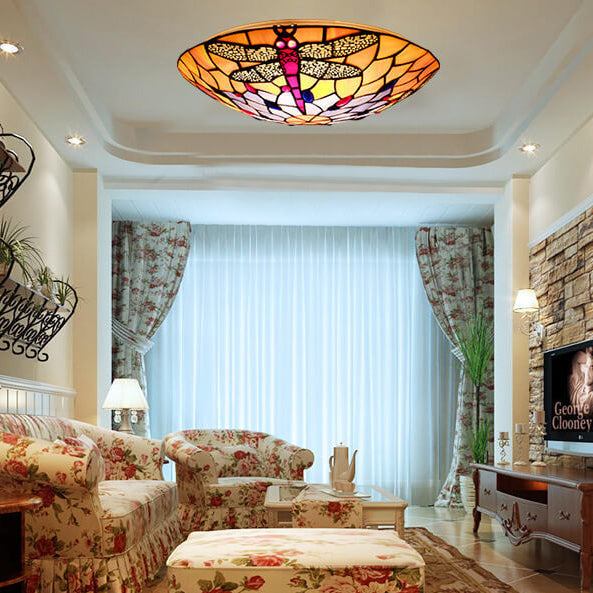 Luz de techo empotrada de vidrio con libélula naranja Tiffany europea 2/3 luces 