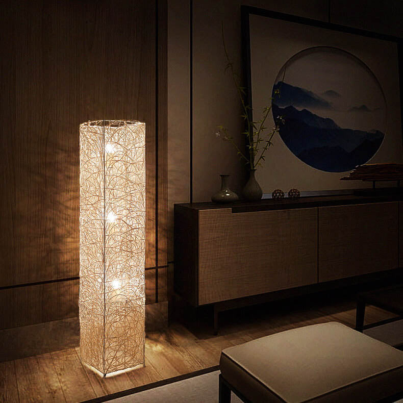 Modern Minimalist Iron Rattan Weaving Column Shaped 3-Light Standing Floor Lamp For Living Room &amp; Bedroom