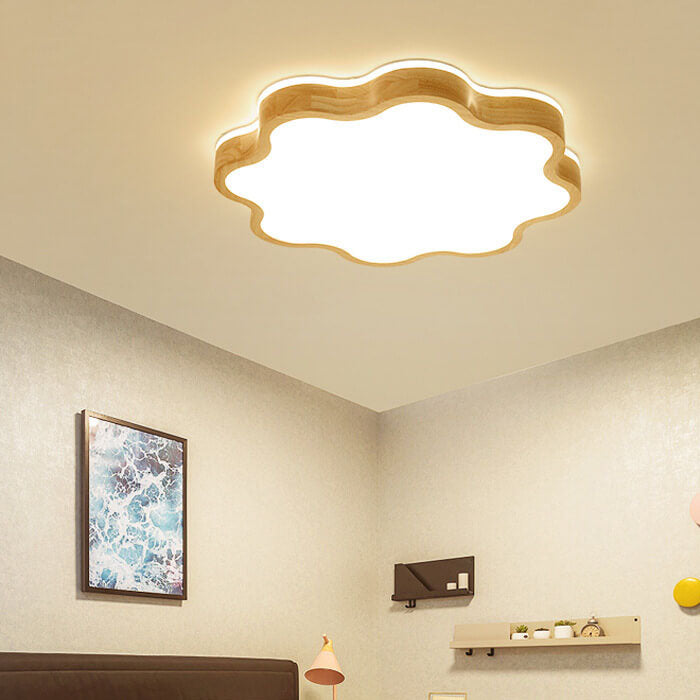Luz de techo LED montada al ras de madera con forma de flor nórdica 