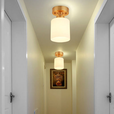 Modern White Glass Cylinder Brass 1-Light Semi-Flush Mount Ceiling Light