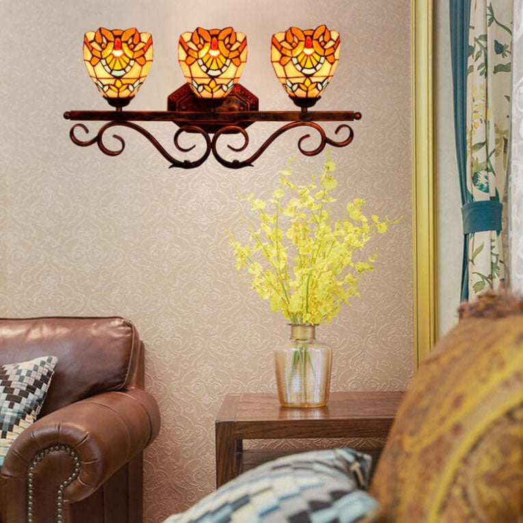 Vintage Tiffany Baroque Stained Glass 3-Light Wall Sconce Lamp