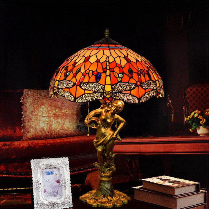 Lámpara de Mesa con Cremallera de 3 Luces de Vidrio Tiffany Libélula Roja 