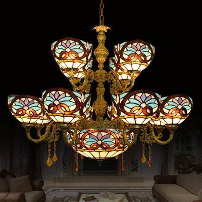 Chandelier européen style Tiffany amour baroque en verre teinté à 15 lumières 
