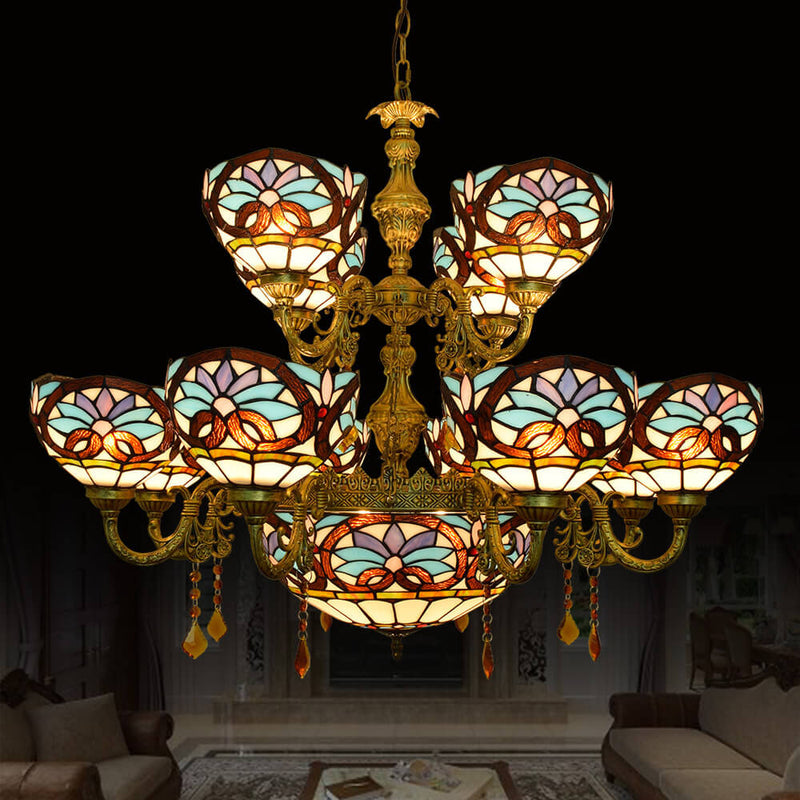 Chandelier européen style Tiffany amour baroque en verre teinté à 15 lumières 