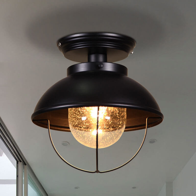 Industrial Balcony Iron Dome Glass Shade 1-Light Semi-Flush Mount Ceiling Light