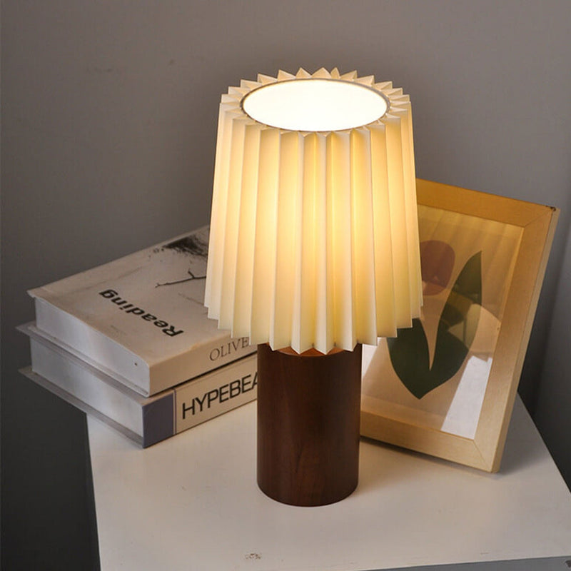 Vintage Korean Pleated Column Solid Wood Base 1-Light Table Lamp