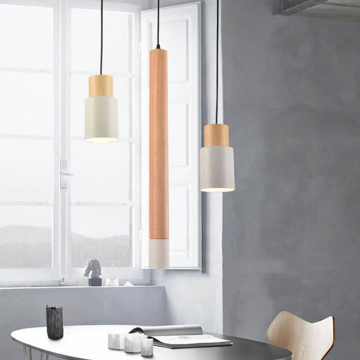 Lámpara colgante LED de 1 luz cilíndrica recta de madera maciza simple 