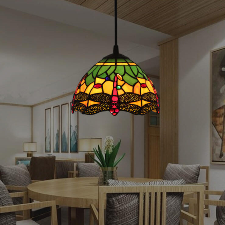 European Tiffany Dragonfly Stained Glass 1-Light Pendant Light