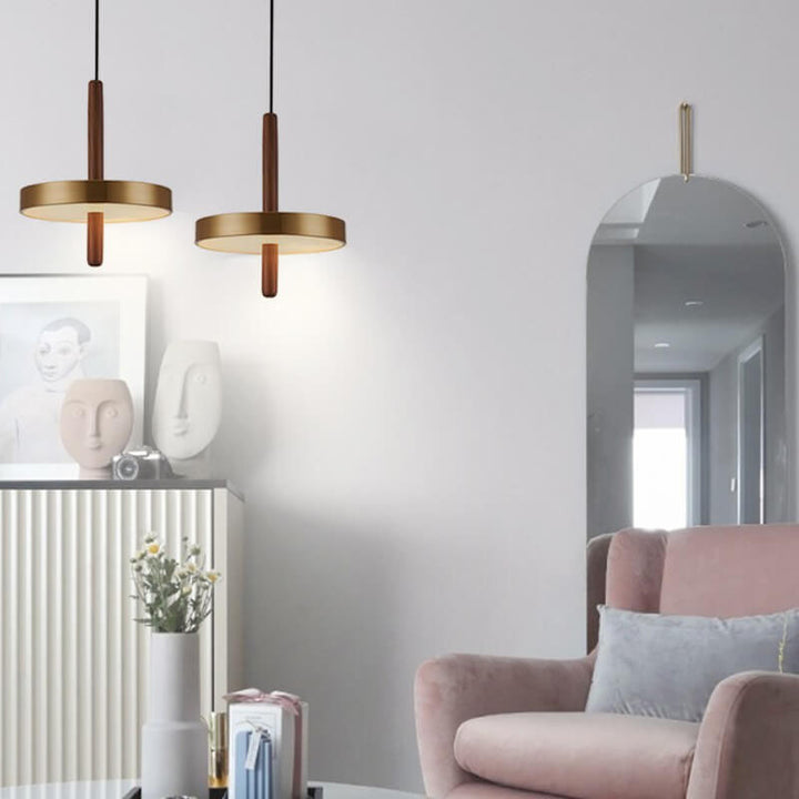 Lustre à LED en laiton rond plat en noyer vintage 