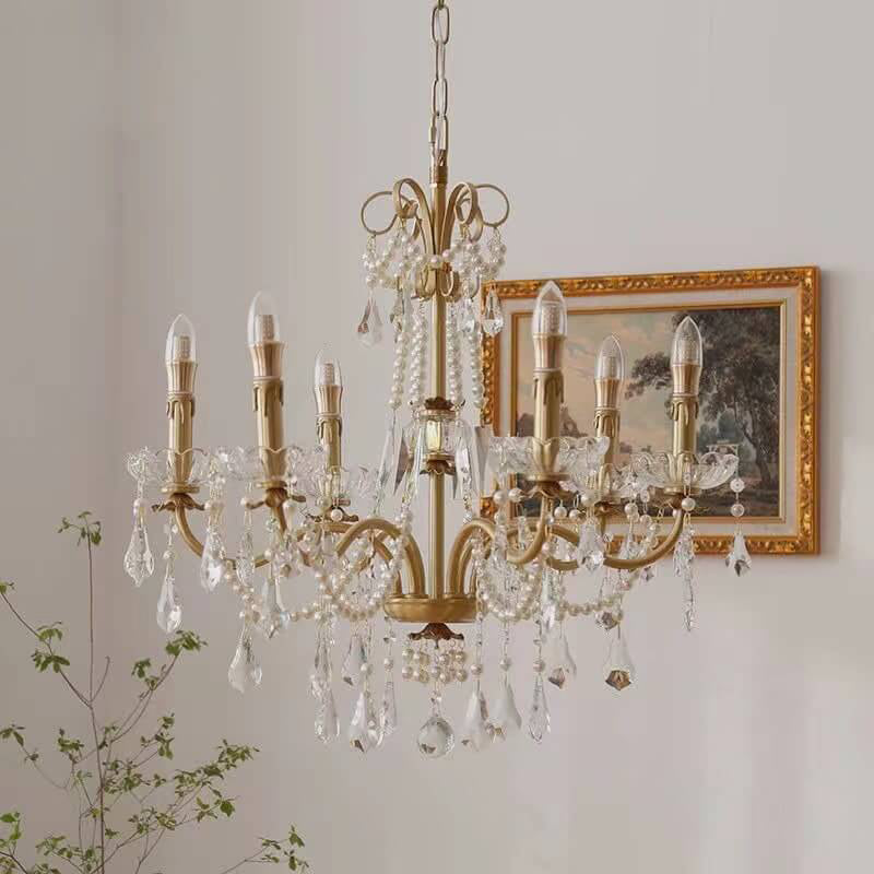 Modern Luxury Candelabra Pearl Crystal Brass 6/8 Light Chandelier