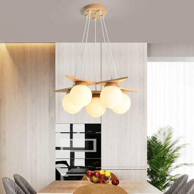 Modern Solid Wood Frosted Glass Ball 3/5 Light Chandelier