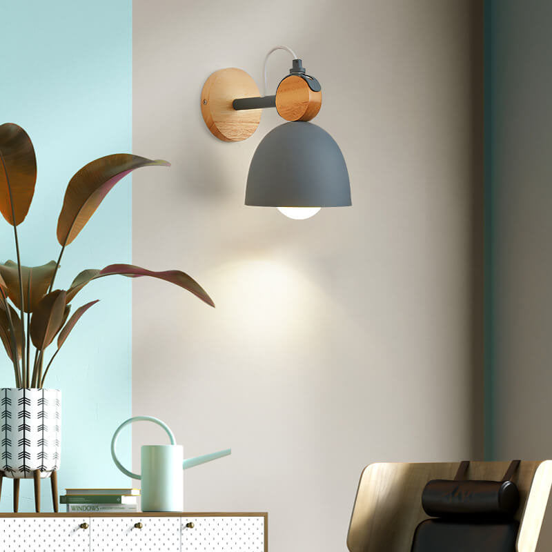 Nordic Macaron Dome Shade Wooden Chassis 1-Light Wall Sconce Lamp