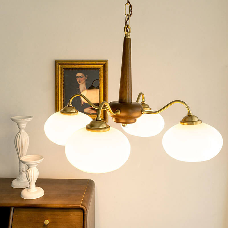 Vintage Walnut Glass Shade 4/6-Light Chandelier