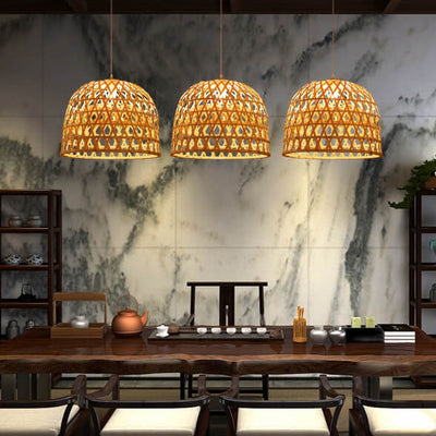 Modern Bamboo Weaving Dome Shape 1-Light Pendant Light