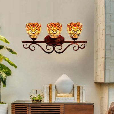 Vintage Tiffany Baroque Stained Glass 3-Light Wall Sconce Lamp