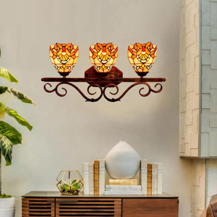 Vintage Tiffany Baroque Stained Glass 3-Light Wall Sconce Lamp